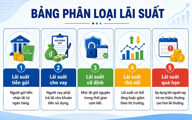 Có nhiều loại lãi suất như lãi suất tiền gửi, lãi suất cho vay, lãi suất cố định, lãi suất thả nổi và lãi suất quá hạn.
