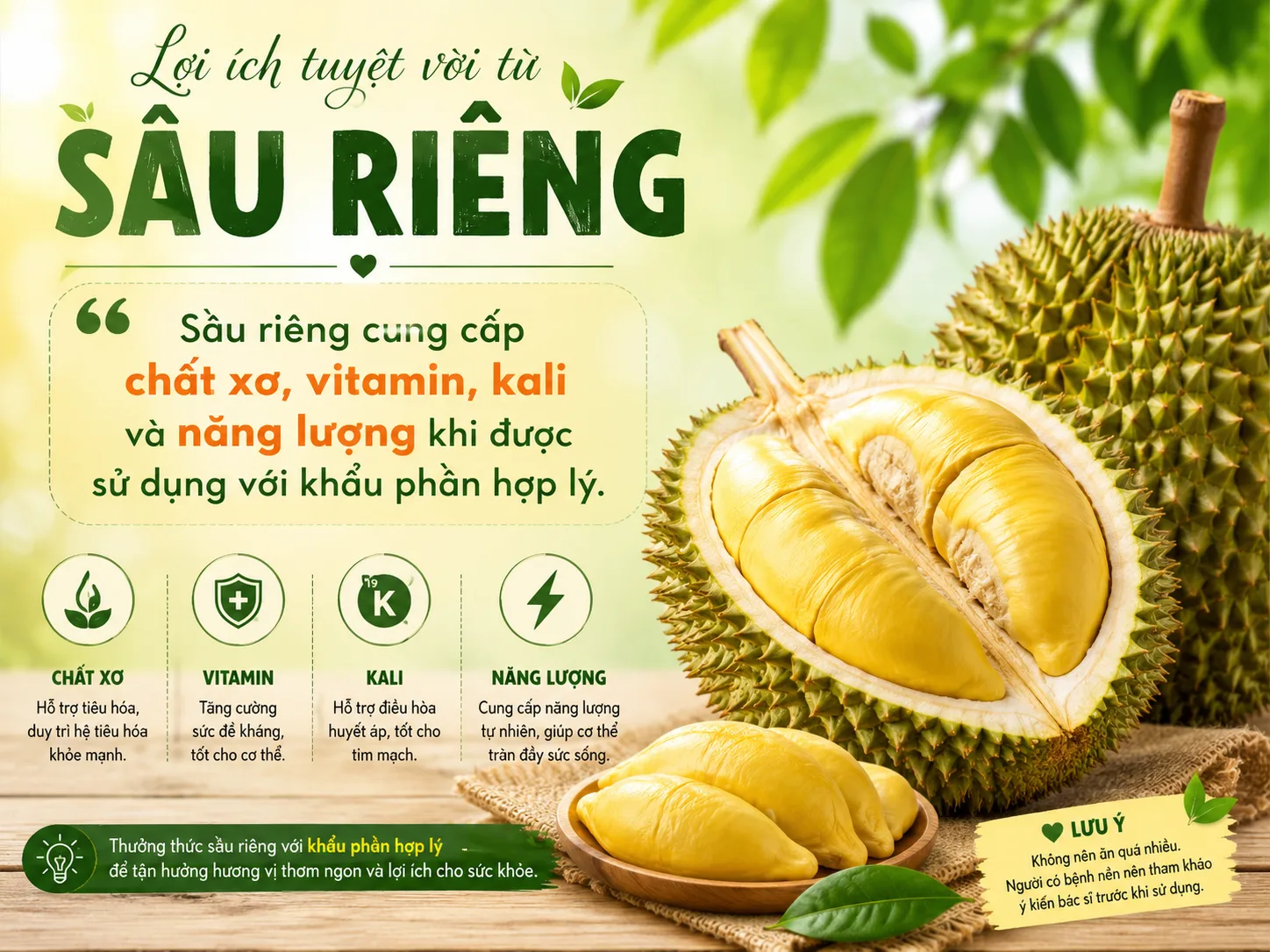 Sầu riêng cung cấp chất xơ, vitamin, kali và năng lượng khi được sử dụng với khẩu phần hợp lý.