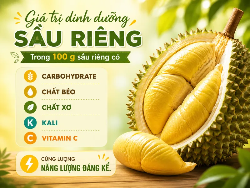 Trong 100 g sầu riêng có carbohydrate, chất béo, chất xơ, kali, vitamin C cùng lượng năng lượng đáng kể.