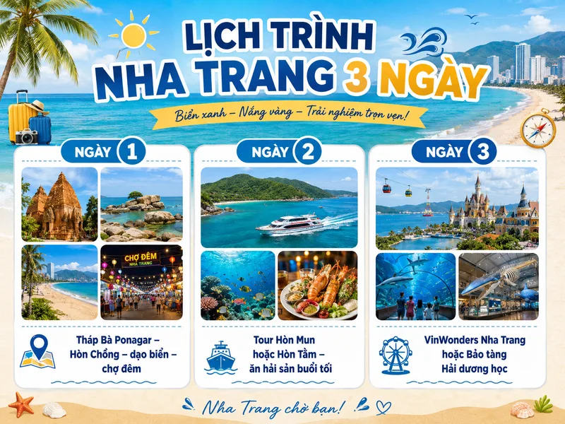 Lịch trình Nha Trang 3 ngày 2 đêm có thể kết hợp biển đảo, điểm văn hóa, khu vui chơi và trải nghiệm thành phố về đêm.