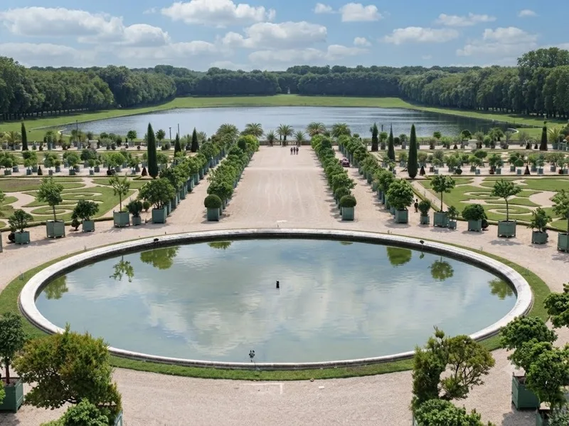 Khu vườn cung điện Versailles gây ấn tượng với bố cục đối xứng, đài phun nước và nghệ thuật cảnh quan Pháp.