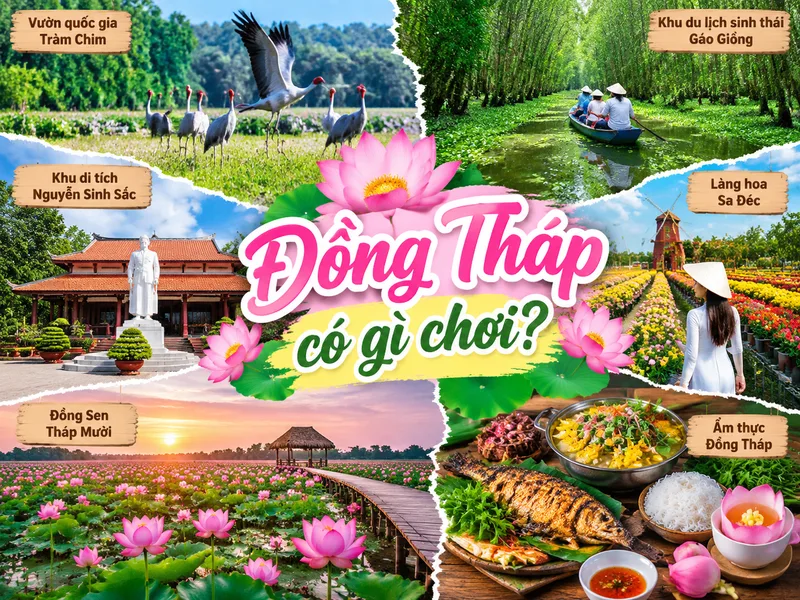 Đồng Tháp nổi bật với cảnh sắc miền Tây bình dị, những cánh đồng sen rộng lớn và không gian thiên nhiên xanh mát.